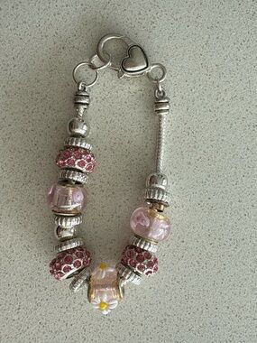 Pandora Style Charm Bracelet Pink Murano Glass Crystal Heart Bracelet 7.5”